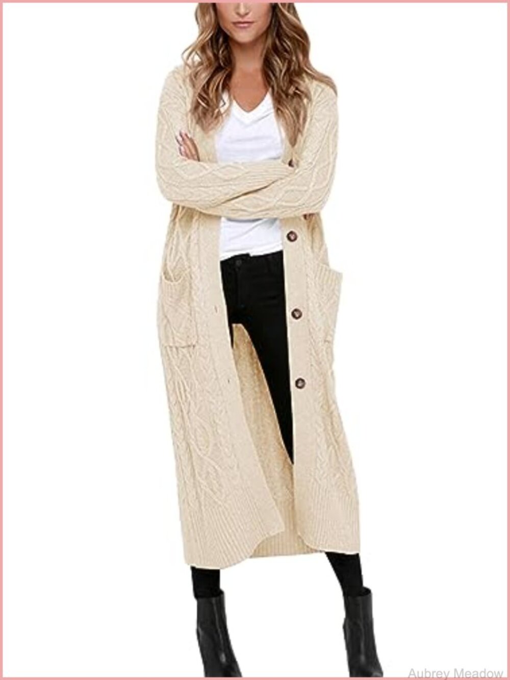 Women's Long Chunky Cable Knit Button Down Cardigan Sweater with Pockets
